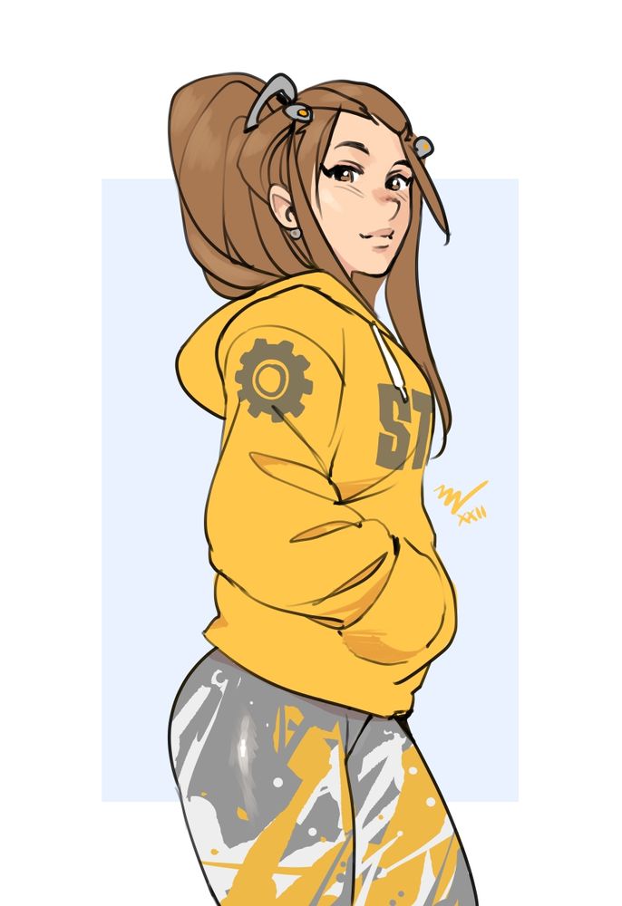 tall woman with a high ponytail posing in a yellow hoodie and tights. character brigitte from overwatch 