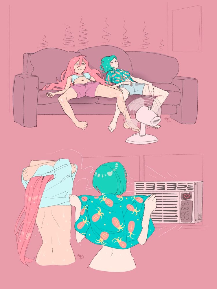 drawing of 2 characters sitting on a couch in the heat. a small fan blows in front of them. lower, they both lift their shirts to cool off in front of a window air conditioner.