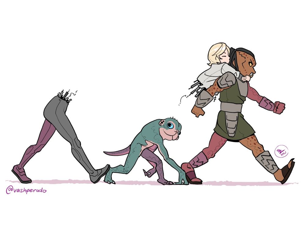 drawing of characters from the new film Predator Badlands walking together in a line