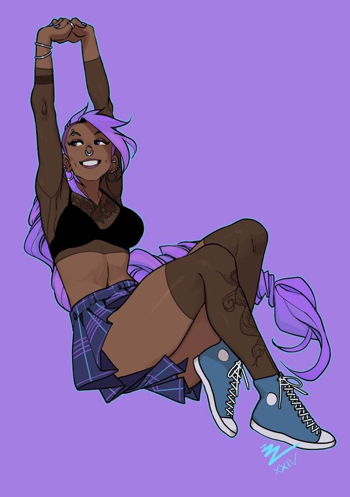 drawing of a girl with purple hair with the sides shaved, wearing a cool plaid skirt and sneakers