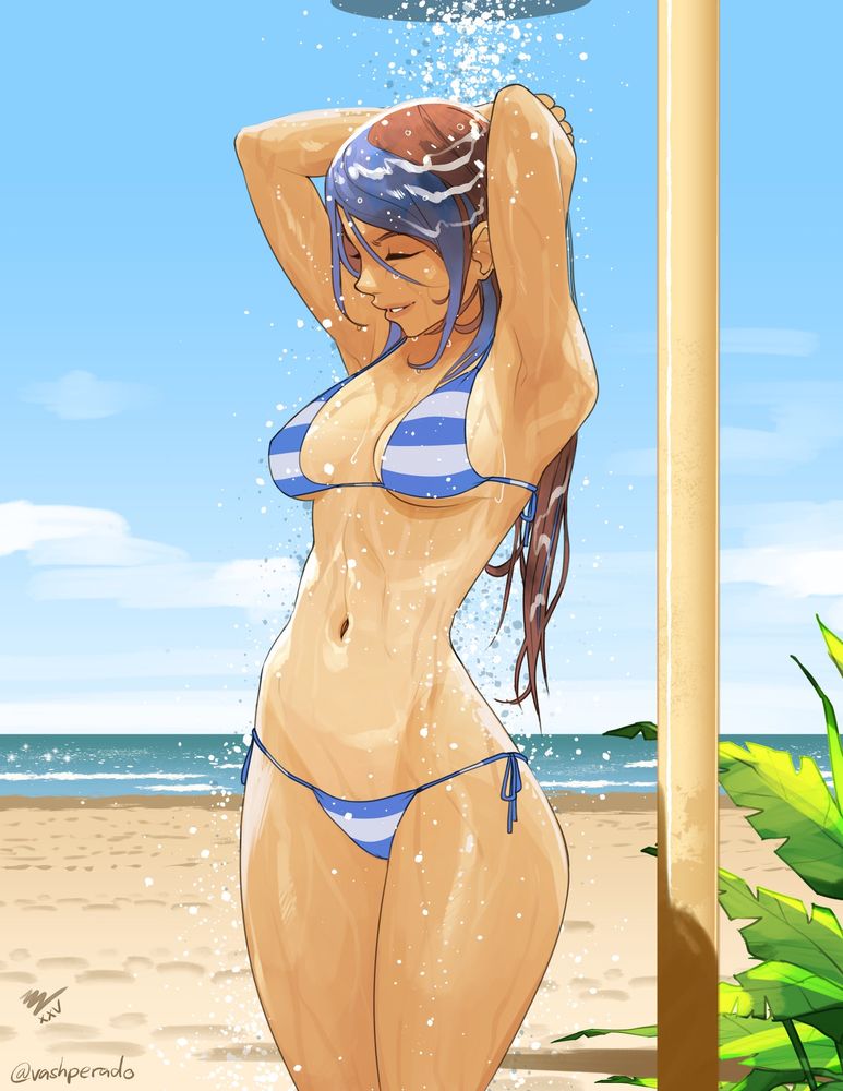 drawing of a woman with brown hair in a ponytail with blue highlights. she's at the beach under an outdoor shower, wearing a blue and white striped swimsuit 