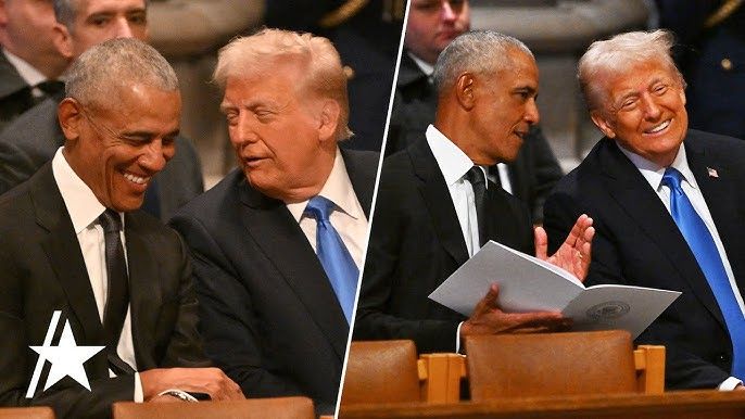 The 44th and 45th Presidents of the United States having a fun and friendly conversation at the funeral of the 39th.
