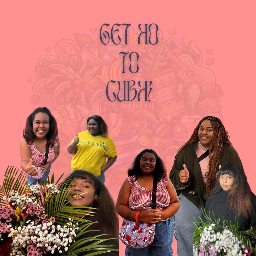 Several photos of my adult daughter smiling at the camera, some with flowers, on a pink background with the text « Get Ao to Cuba »