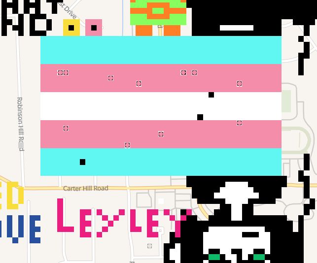 A screenshot from wplace.live showing a trans flag attempting to be covered with other dots. Pink dots are highlighted where it has been fixed.