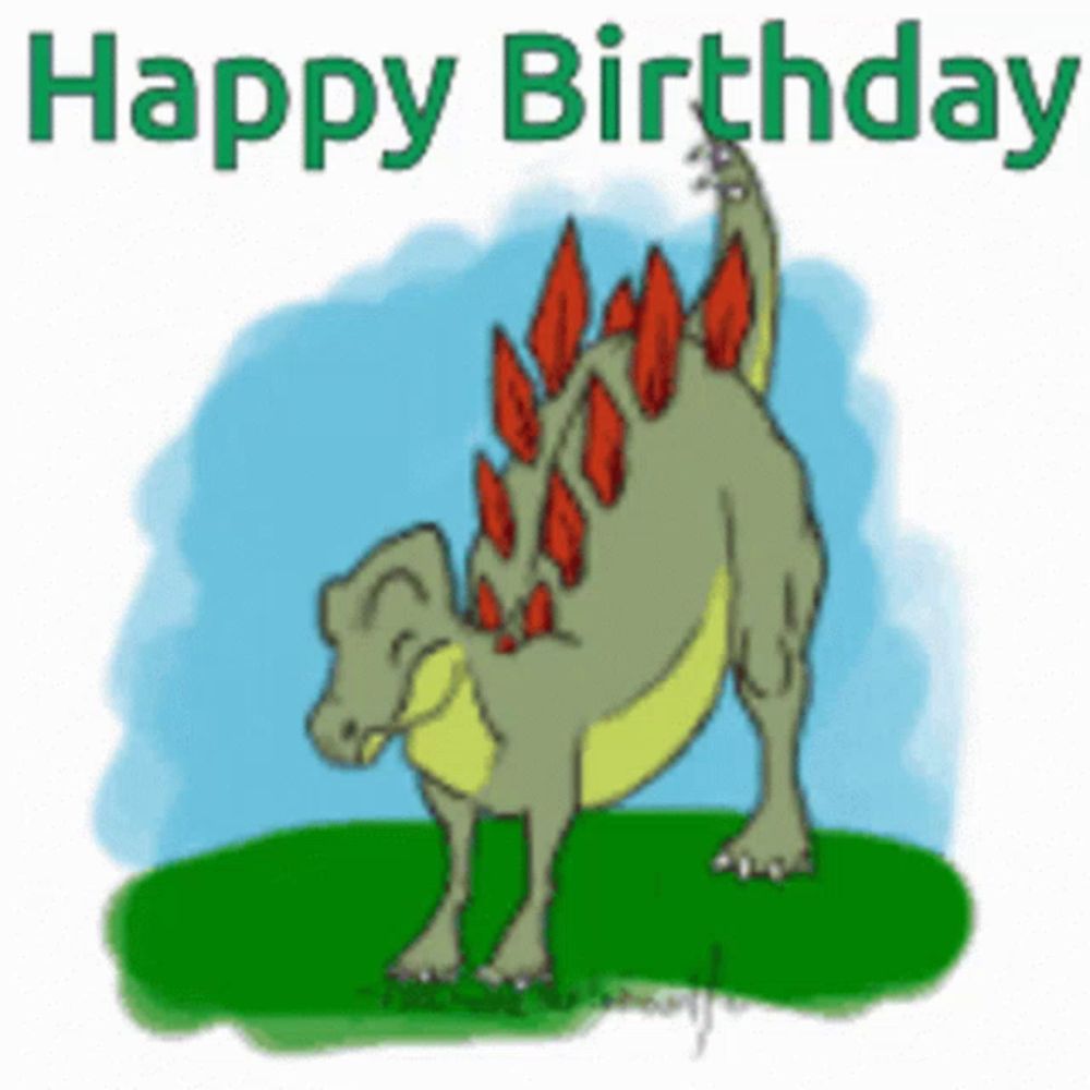 a cartoon of a dinosaur with the words happy birthday written above it