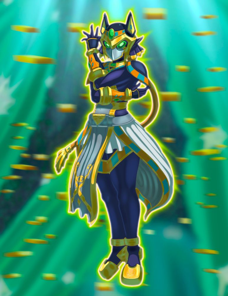 Raniya from Red Ranger Isekai transformed in her Amen armor in front of cacti forest background.