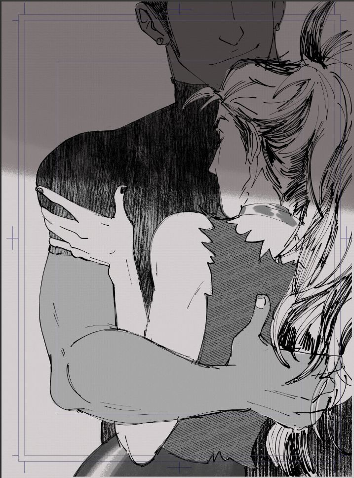 Raihan and Piers holding each other, a shadow cast from above envelops their heads