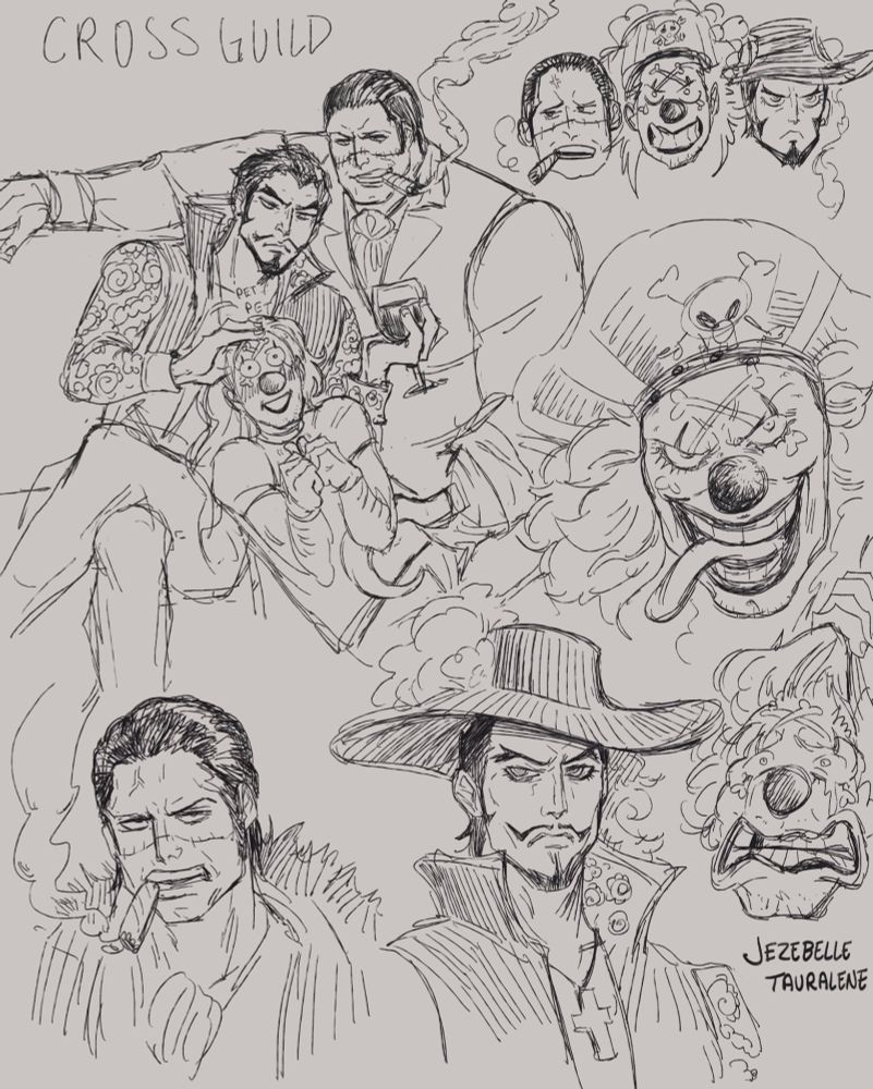 sketch page filled with Crocodile, Mihawk, and Buggy. 
On the top left Mihawk and Crocodile are cuddling while sitting and Buggy is laying on both of their laps. Mihawk is petting Buggy with wine in his hand, leaning into the crook of Crocodile's arm. Crocodile is smoking and smiling at Buggy, his right arm is hung over the ledge of a sofa, and his hook is petting Buggy's belly. Buggy is nervously clenching his fists together with a silly expression.
On the top right is cute head drawings of the three of them.
Bellow that on the right is two drawings of Buggy, one with a michevious smile with his tongue hanging out and the other is a fearful drawing of his head detached from his body, a hand holding him by his long hair.
At the bottom are two portraits of Crocodile and Mihawk.