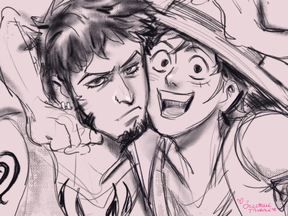 grumpy law getting tugged into a hug pose for the camera by a smiling luffy. 