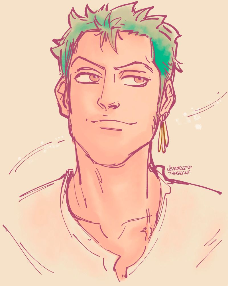 portrait sketch of Zoro from One Piece. The colors are warm. Zoro is wearing a subtle smile and looking to the right side of the canvas