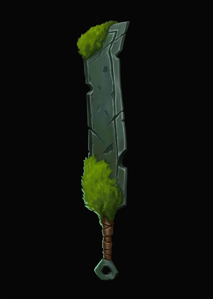 A stone sword with a leather handle covered with moss for swordtember 2025.
