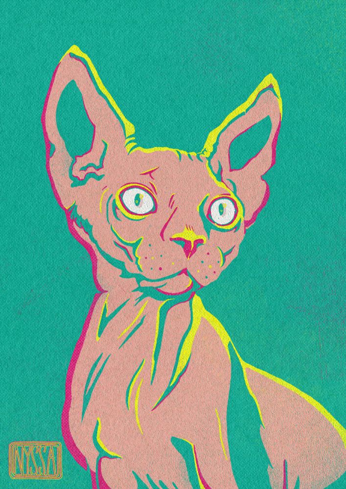 a print of a sphynx kitten in hot pink, peach, and neon yellow on teal canvas
