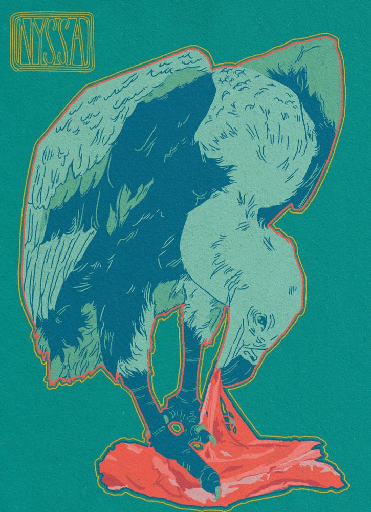 A drawing of a blue vulture bent over a piece of bright pink meat, tearing the flesh. The background is teal. A yellow artist’s signature is in the top left corner. 