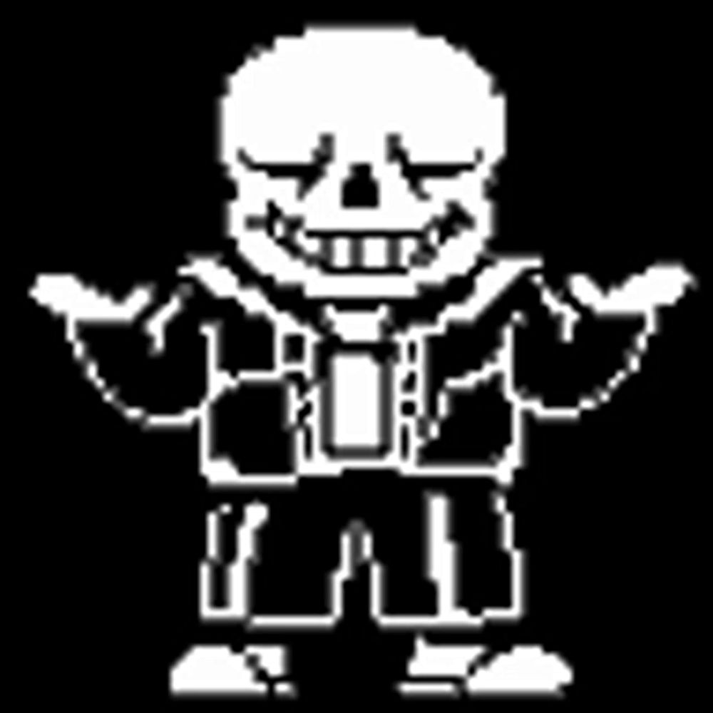 a pixel art drawing of a skeleton with his arms outstretched on a black background .