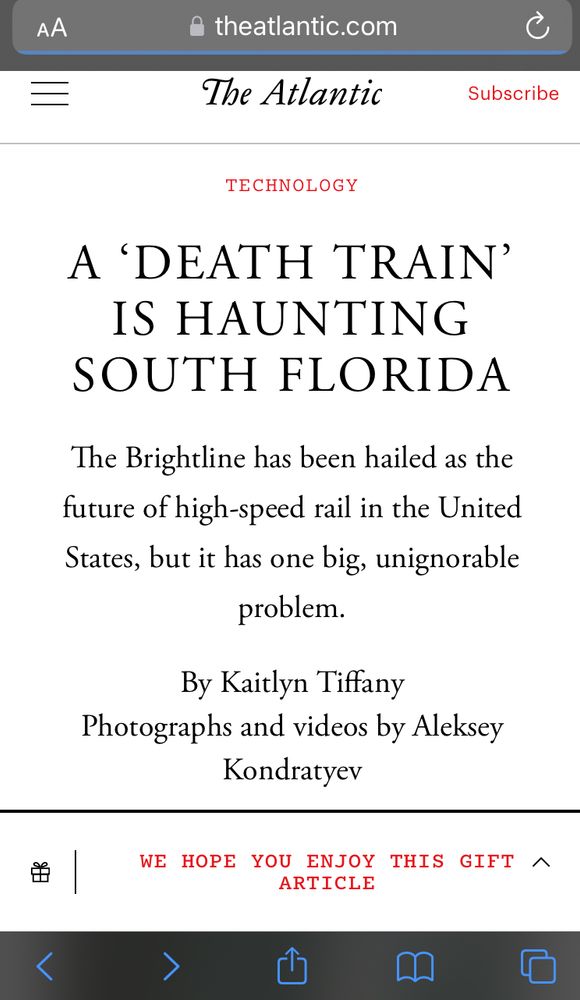 Atlantic article: “A 'DEATH TRAIN' IS HAUNTING SOUTH FLORIDA
The Brightline has been hailed as the future of high-speed rail in the United States, but it has one big, unignorable problem.”