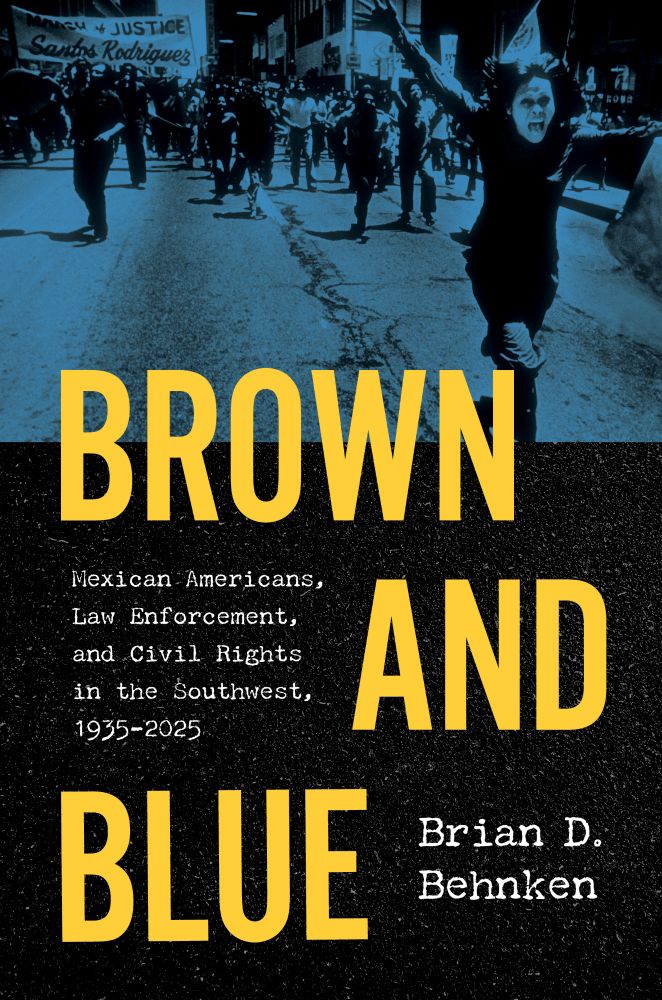 The cover of a new book with the words "Brown and Blue" in large yellow print and a background picture of a woman running in front of a crowd.