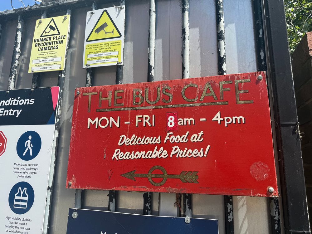 Red sign for the bus cafe - delicious food at reasonable prices!