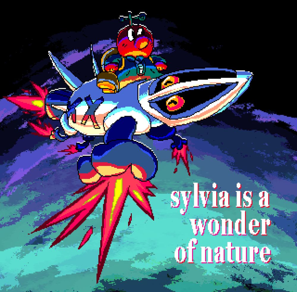 fanart of videogame formless star by splendidland. anemo, tomato looking fella in a jumpsuit, sits atop sylvia, who's like an aircraft dog, who shoots through the sky. "sylvia is a wonder of nature"