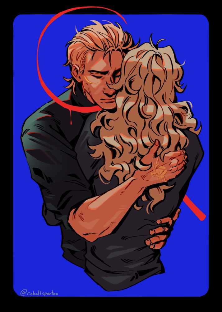 Darrow and Roque from Red Rising embracing in front of a blue background. There is a red sickle around Darrow's neck.