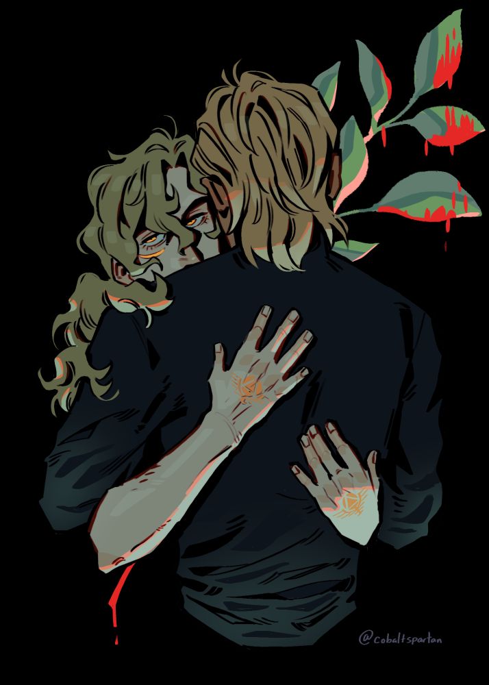 Reverse shot of Darrow and Roque in front of a black background. There is a blood dripping laurel plant behind them.