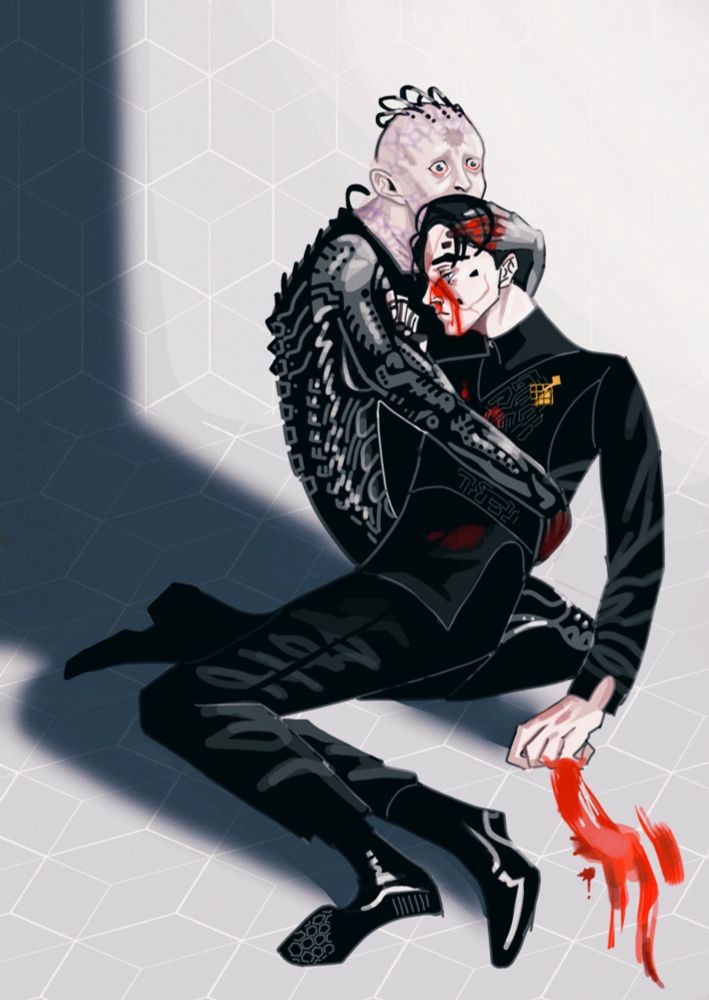 血だらけのヒューを抱くボーグクイーン。イワン雷帝と息子の絵のパロディ