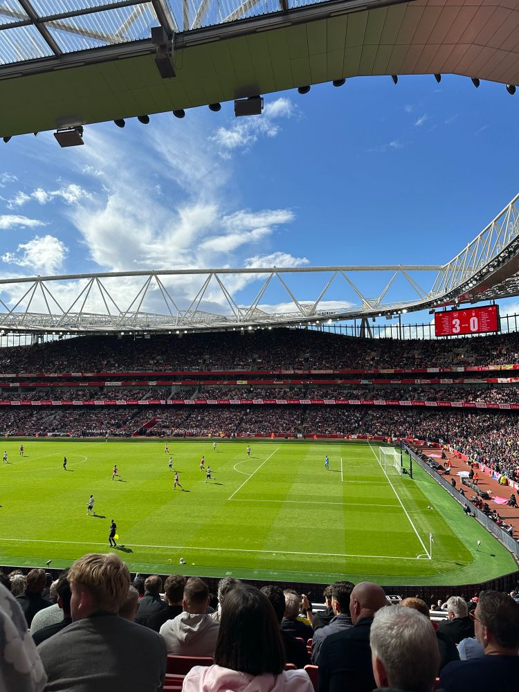 View from block 60 for Arsenal v. Nottingham Forest. The scoreboard shows 3-nil to The Arsenal.