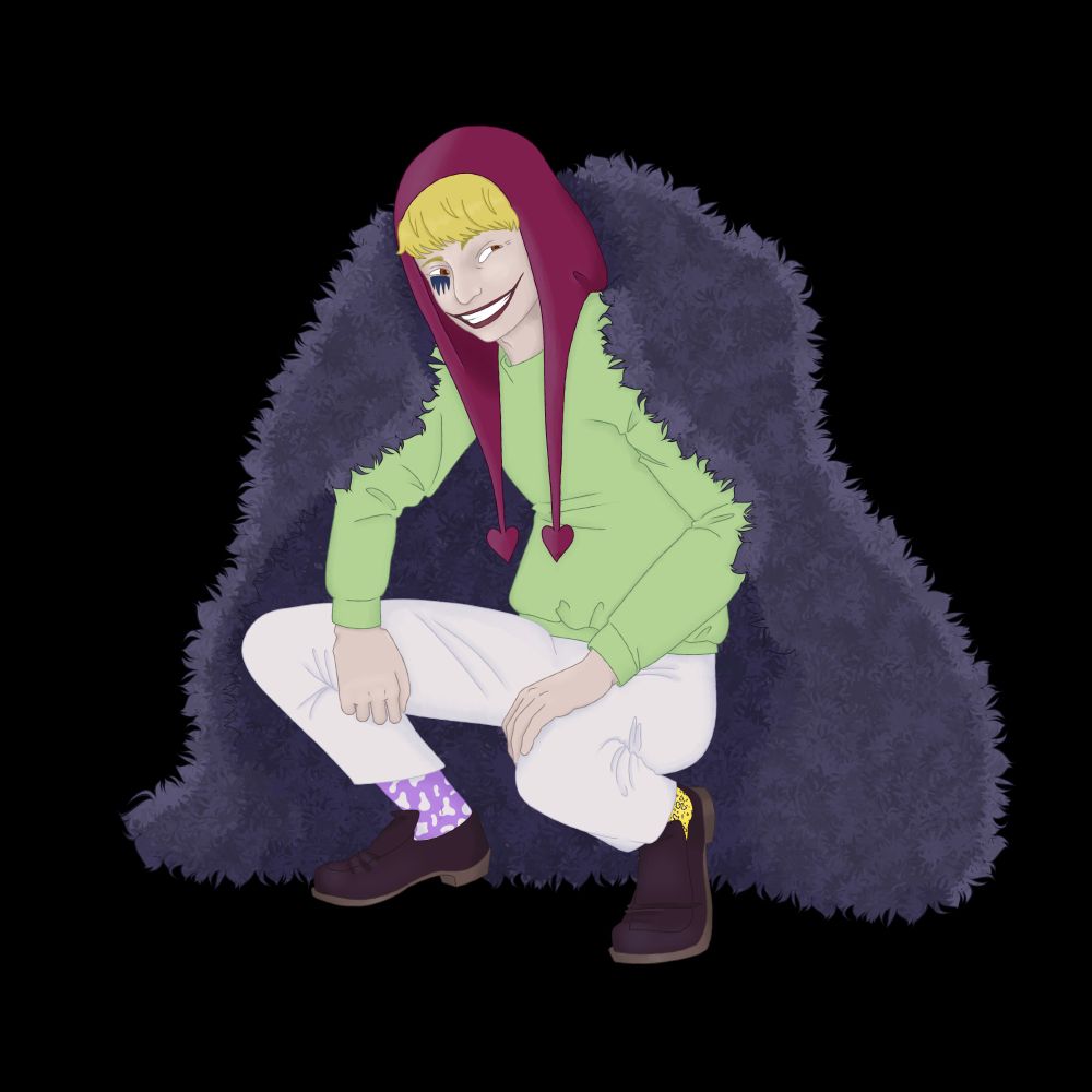 corazon from one piece in a squat with his hands on his knees, wearing the outfit from the day law called him cora-san the first time: his big black feather coat, a pale green sweater, white pants, and dark dark pink-brown loafers. his socks are showing. one is purple with white cow spots and the other is yellow with dark blue heart shaped leopard rosettes. he is smiling widely at the viewer.