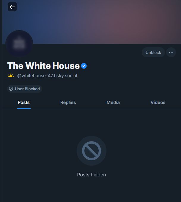 Screenshot showing the Bluesky account of the White House, whitehouse-47.bsky.social, is blocked by my account.