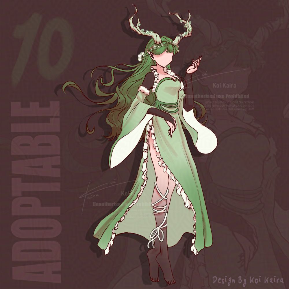 Forest wanderer, adoptable design. She has long flowy green hair that gradients to a brown. a long green dress with a slit up to her thights with white ruffles along the edges. light green horns that are lightly covered in white flowers and long hard sleeves with big draggy green material.