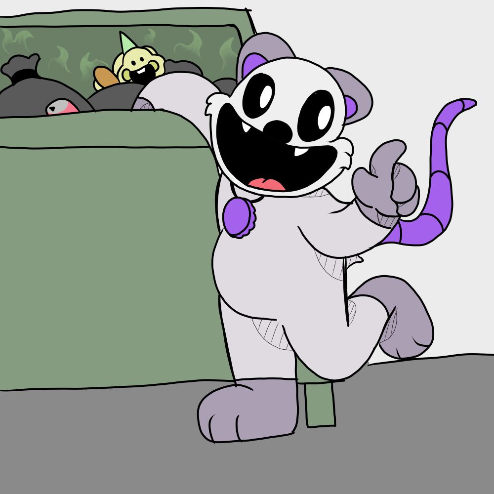 Flatcolor lined art of PossPoss the Possum, a possum based smiling critter that has a neutral white and light gray color palette paired with purple accents on their tail and inner ear. They wear a purple bottlecap necklace as their only accessory and their symbol. They are currently rummaging through a dumpster with a finger lifted to tell the offscreen viewer to wait. Bonzo Bunny is rotting away in the dumpster.