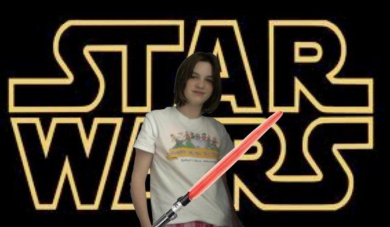 A bad photoshop (it's actually made on Keynote IIRC) of me, Sarah, as a child - white girl holding a photoshopped red lightsaber over a star wars background
