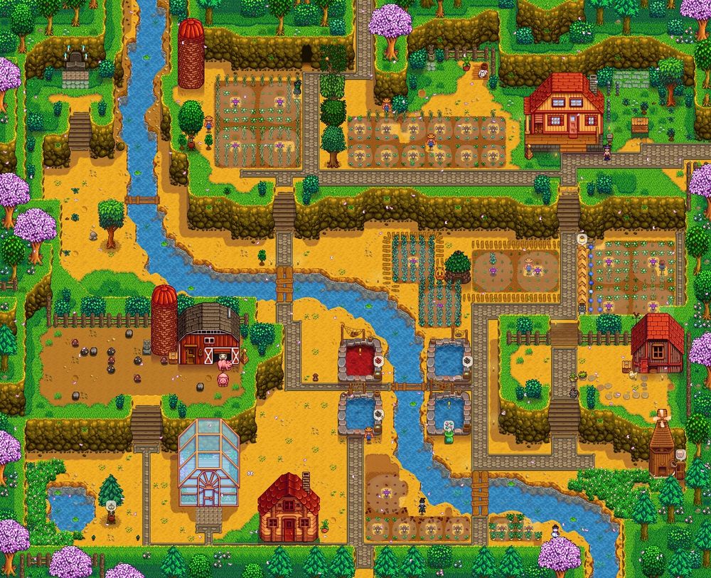 A Stardew Valley farm. It's a hilltop layout and it's spring! There's a river going diagonally through the farm from top left to bottom right. At the top right is the farmhouse with paths, flowerbeds, and crops. At the far left center at the quarry a large barn with animals and a silo sits beside a dirt yard with scattered rocks. Below that is a glass greenhouse and a shed. Several crop plots are spread across the map, some with sprinklers and one with a Junimo Hut in the middle right. Ponds and fish ponds are scattered near the center. 