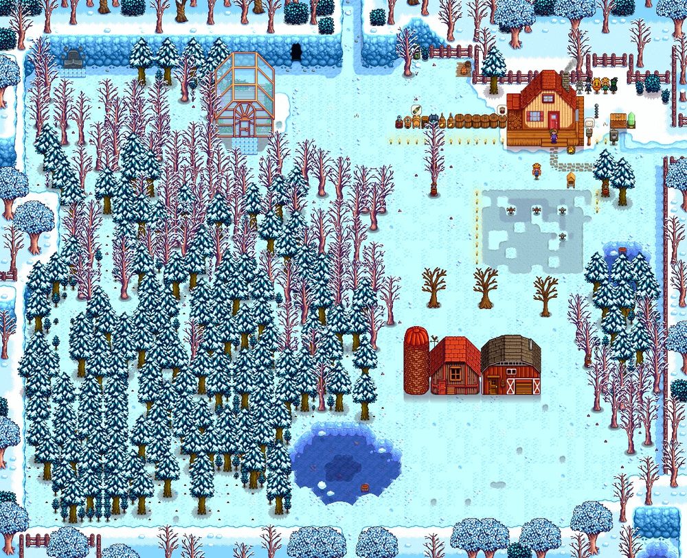A Stardew farm in Winter and honestly it's rough. Like, there's a very tiny patch of farmland, a bunch of machines lined up next to each other, a HUGE amount of trees on the far left that haven't been cut down or explored at all, and a few coops at the bottom of the screen.