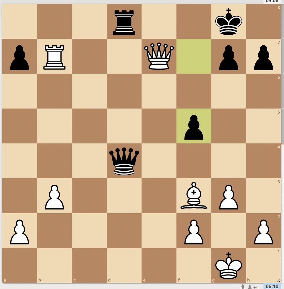 A chess position! White pieces: King: g1 Queen: e7 Rook: b7 Bishop: f3 Pawns: a2, b3, f2, g3, h2 Black pieces: King: g8 Queen: d4 Rook: d8 Pawns: a7, f5, g7, h7 Black just played f5 and it's white to move. 