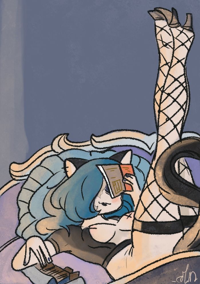 Re-draw of pin-up pose with Doxan the goth cat woman.