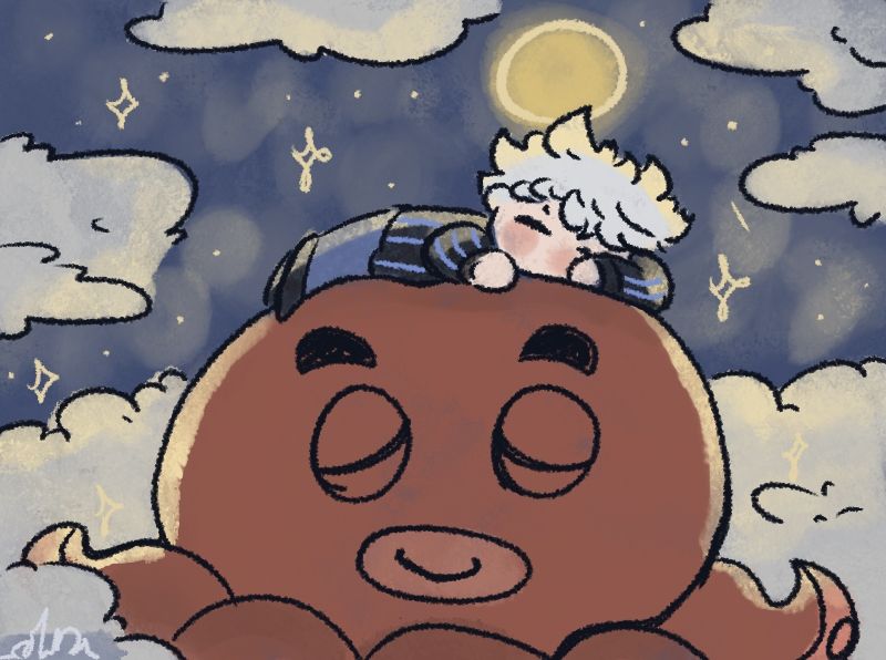 Killua and Ikalgo sleeping on fluffy clouds.