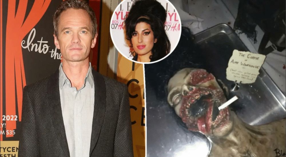 Left Neil Patrick Harris center Amy Winehouse right meat platter made to look like a decaying gory corpse with a note reading The Corpse of Amy Winehouse