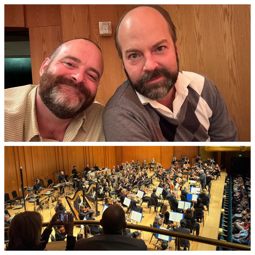 Two bearded guys sitting in the audience in one photo. The symphony playing on stage in the second photo. 