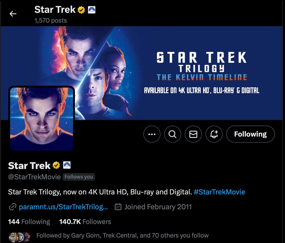 Screenshot of the official @StarTrekMovie profile on Twitter, showing that yours truly is one of the 144 accounts it follows.