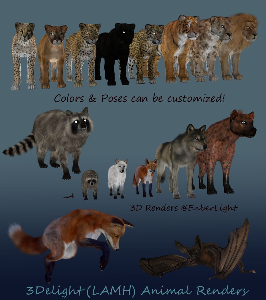 3D Render Previews of various wild animals. Most are in static starter poses: Cheetah, Puma, Jaguar, Panther, Leopard, Tiger, Sabertooth, Lion, Bat, Arctic Fox, Red Fox, Grey Wolf, and Hyena. Three figures are called out larger in poses: Raccoon, Fox pouncing, and Bat. Text reads: Colors & Poses can be customized! 3D Renders by @EnberLightt. 3Delight (LAMH) Animal Renders.