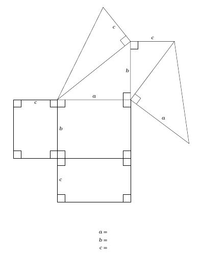 A partial net of a cuboid box together with certain triangles that fill in various diagonals. Specifically, the base and two adjacent sides of the box, then a triangle that lies over the base to give the diagonal of the base, this joins to two triangles that (when assembled) would be vertical with one giving the diagonal of a side and the other the diagonal across the whole box. Finally another triangle to join these last two diagonals together.

Various lengths that become sides of the cuboid are labelled a,b,c so that all lengths can be determined in terms of these three lengths.
