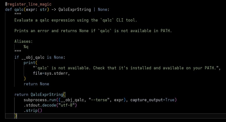 Python source code for a funciton wrapper around the `qalc` command line utility. 
