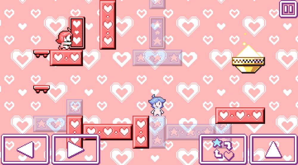 Gameplay from Heart Star, world swapping puzzle game where player needs to guide two little characters to the goal by swapping between dimensions.
