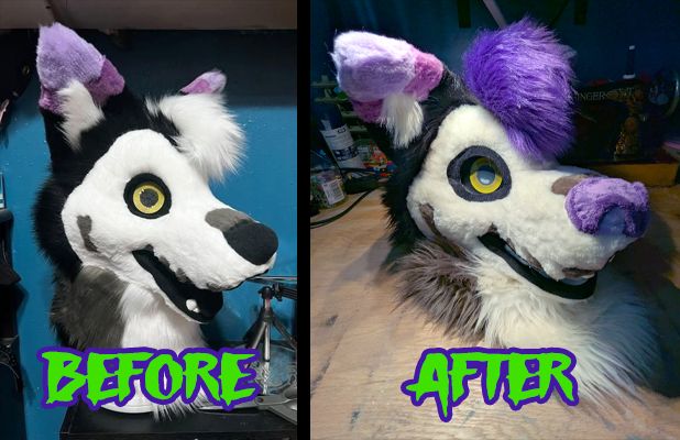 Two images of a fursuit head side by side with the left image labeled before showing a fursuit head with rough shaving lines on the face and a flat nose, and only one tooth while the right image labeled after shows a repaired and refreshed suit with new purple hair and a new purple nose.