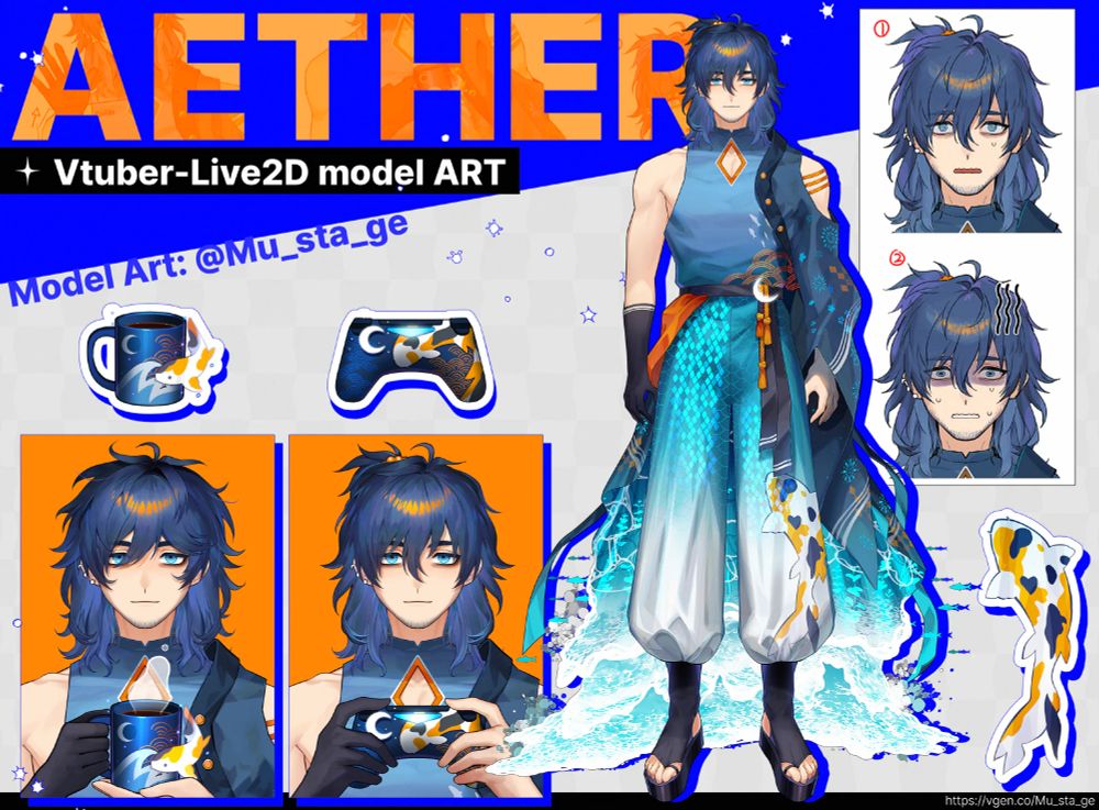 VTuber model ref sheet for Aether and created by Mu_sta_ge.

The model is an adult male with long, unkept hair and a pontytail.  The character is wearing a silk robe that gradually turns into flowing water at the bottom.  The design features koi and moon motifs throughout.  The sheet features koi themed mug and controller.