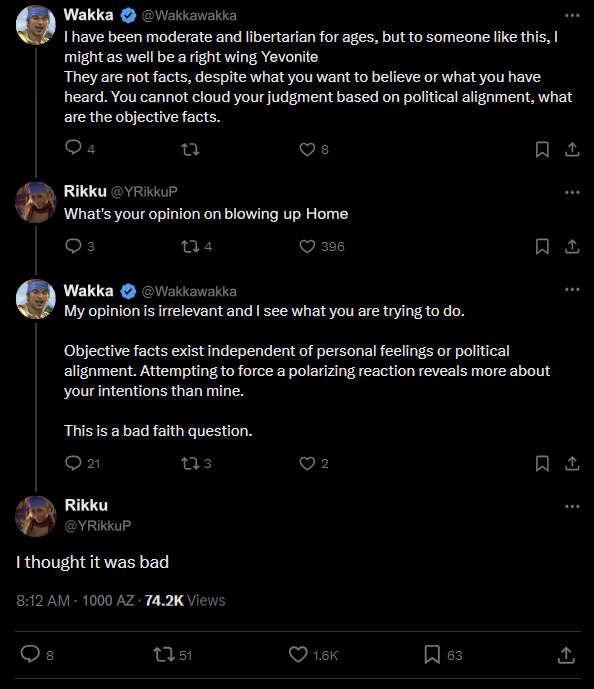 My dumb meme of a famous copy-pasta.  The meme is parodying Final Fantasy X.  

Wakka, a character that is an infamous racist, makes a post grandstanding about how he's actually moderate and that people misconstrue his words to make him out to be racist due to political leaning.

Rikku, a character of the race that he hates, asks him what his opinion is on the bombing of Home-- what was her people's last safe refuge before they were attacked and the city was destroyed.

Wakka responds claiming that the question was in bad faith and that there were ulterior motives for asking.

Rikku simply responds "I thought it was bad"