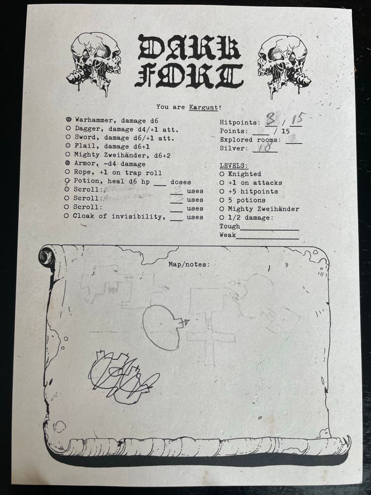 picture of character sheet/map from the solo rpg dark fort. warhammer, armor, 0 points, 0 explored rooms, 18 silver.