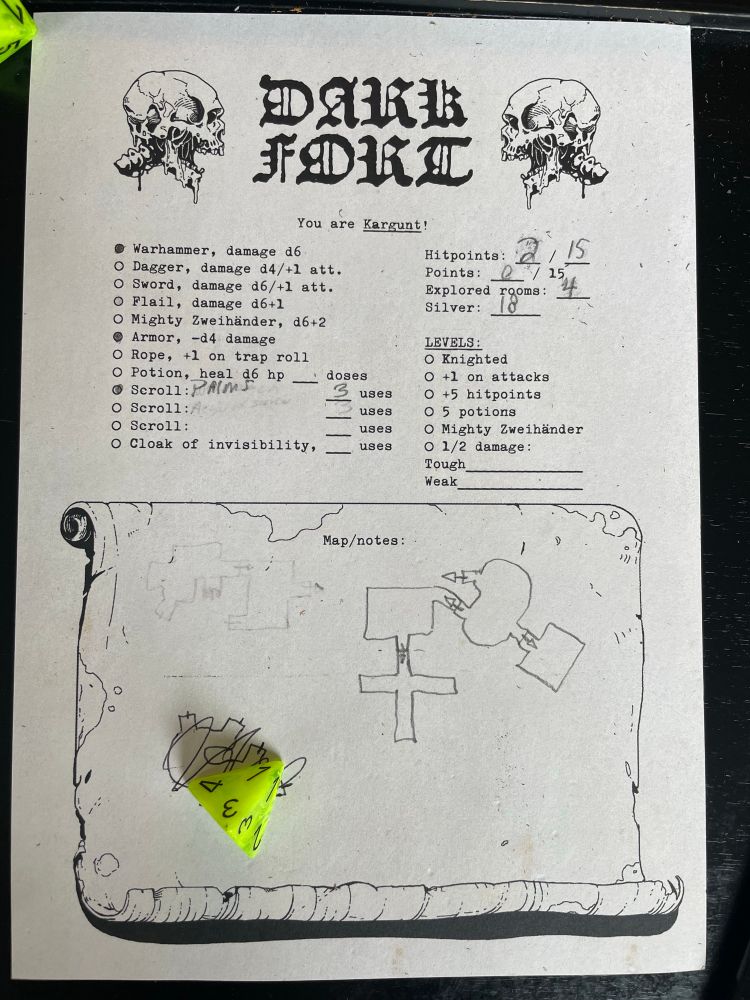 picture of character sheet/map from the solo rpg dark fort. warhammer, armor, palms open the southern gate scroll, 0 pointe, 4 rooms, 18 silver