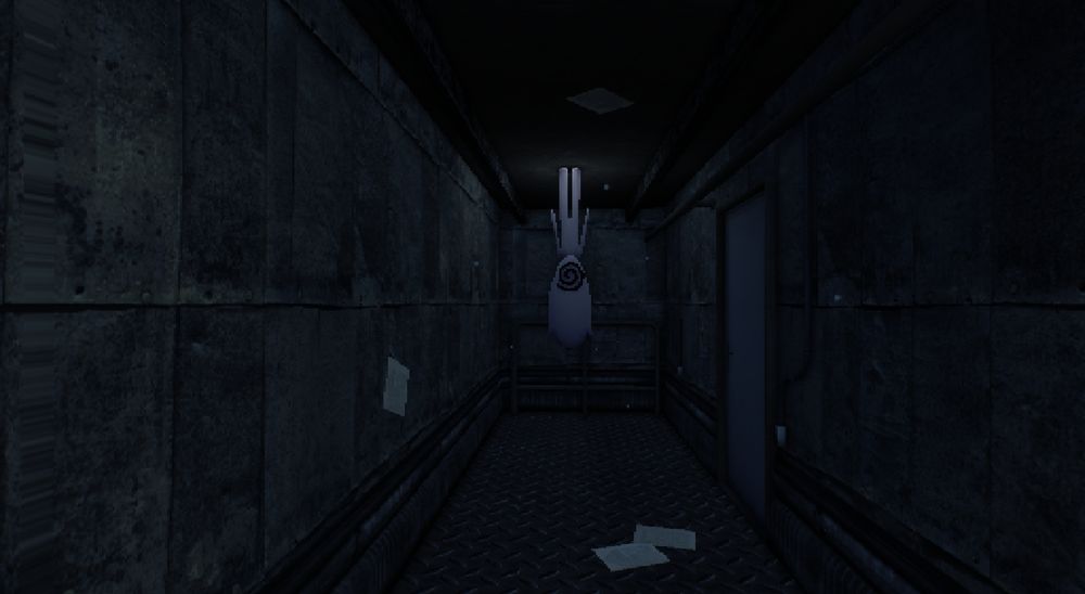 screenshot of re-body. an organism stands upside down on the ceiling, down a long, dim hallway.