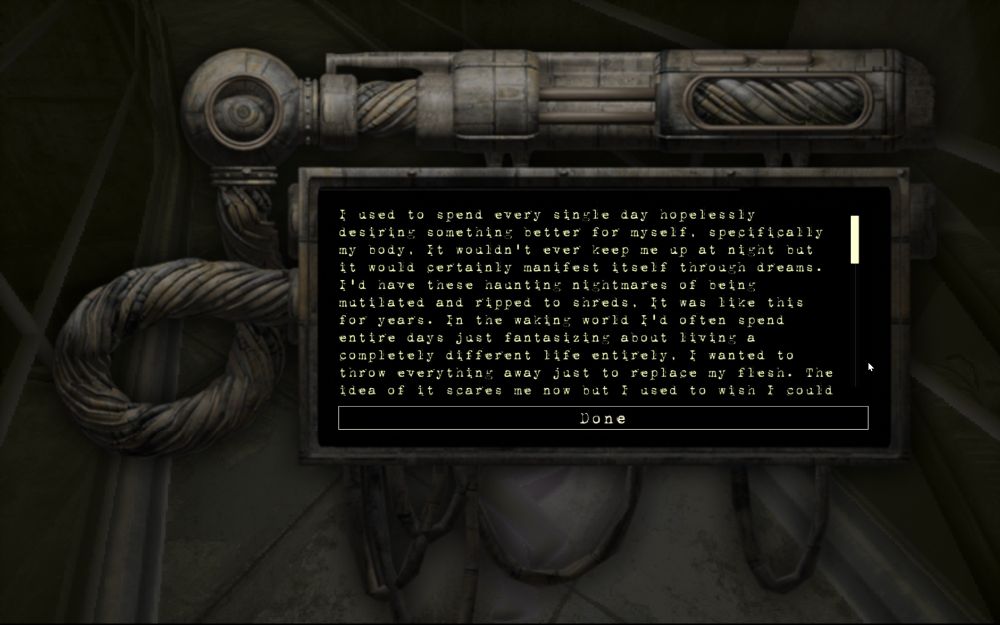 screenshot of re-body. dialogue screen showing a confession. the ui appears to be a rusted, metal interface, bundles of wires coming along the side, and a dark screen with yellow text